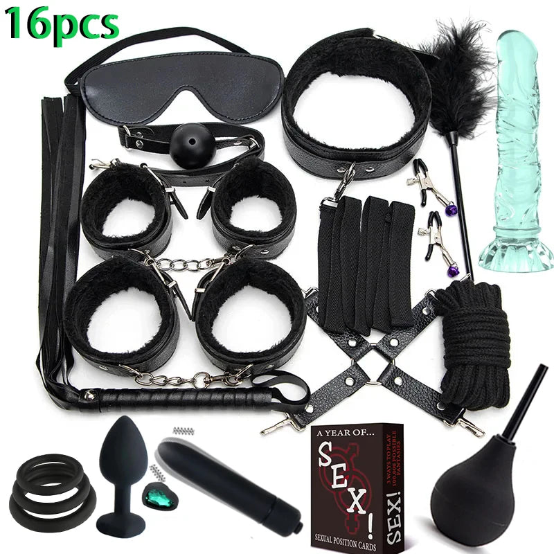 Kit Completo de Acessórios para BDSM e Jogos de Casal – 16 Peças com Algemas, Venda, Chicote e Acessórios de Silicone