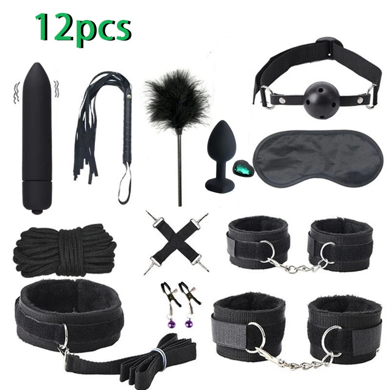 Kit Completo de Acessórios para BDSM e Jogos de Casal – 16 Peças com Algemas, Venda, Chicote e Acessórios de Silicone