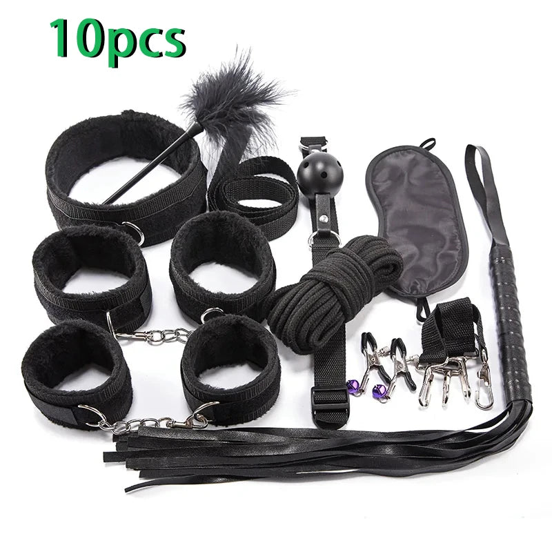 Kit Completo de Acessórios para BDSM e Jogos de Casal – 16 Peças com Algemas, Venda, Chicote e Acessórios de Silicone