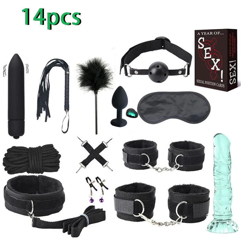 Kit Completo de Acessórios para BDSM e Jogos de Casal – 16 Peças com Algemas, Venda, Chicote e Acessórios de Silicone