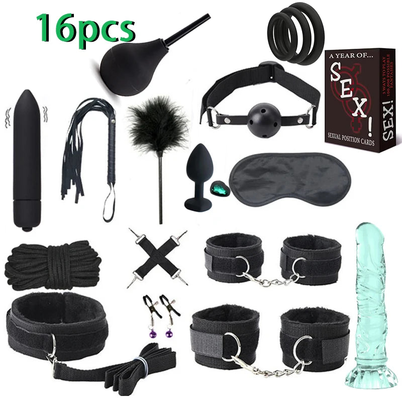 Kit Completo de Acessórios para BDSM e Jogos de Casal – 16 Peças com Algemas, Venda, Chicote e Acessórios de Silicone