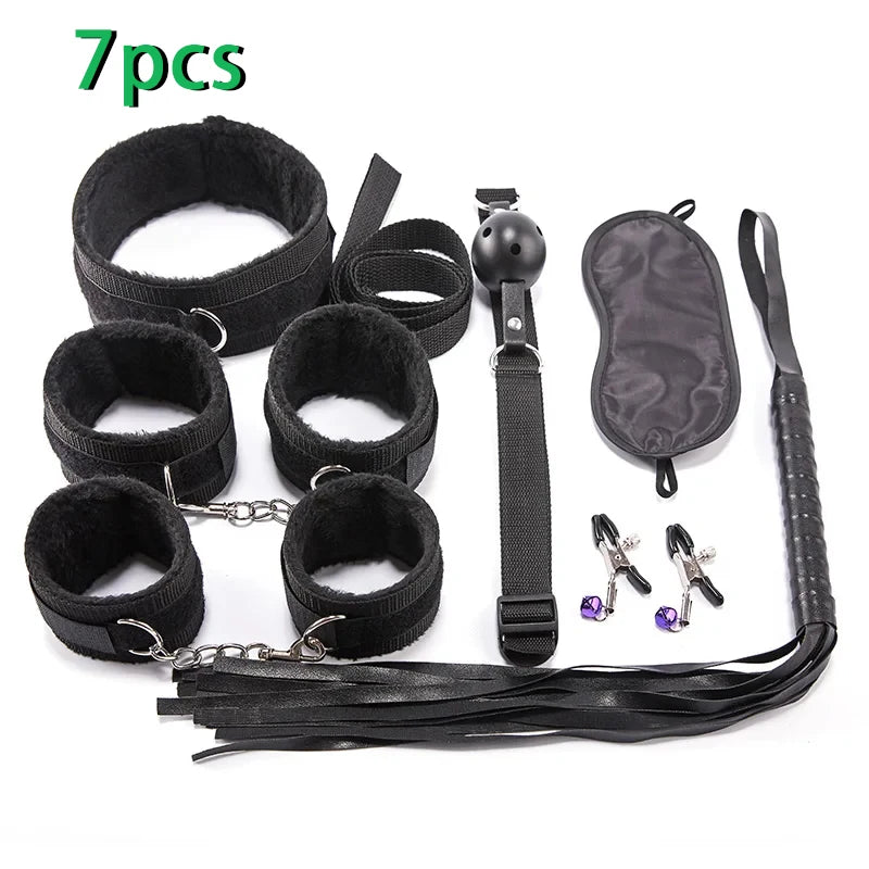 Kit Completo de Acessórios para BDSM e Jogos de Casal – 16 Peças com Algemas, Venda, Chicote e Acessórios de Silicone