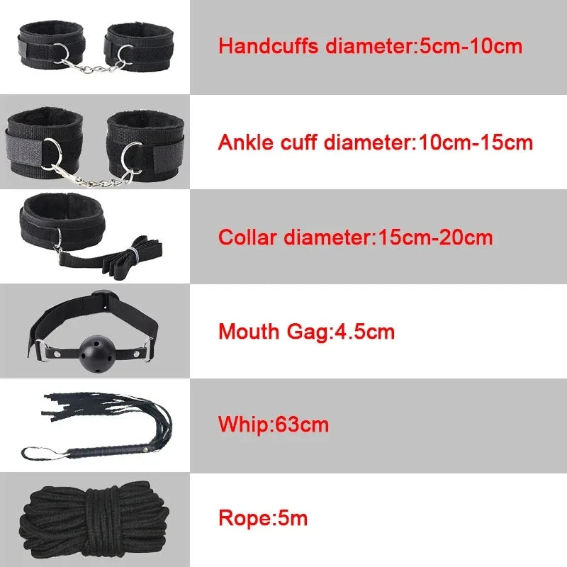 Kit Completo de Acessórios para BDSM e Jogos de Casal – 16 Peças com Algemas, Venda, Chicote e Acessórios de Silicone