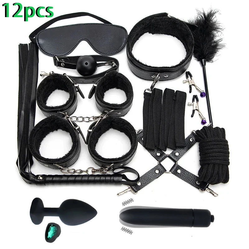 Kit Completo de Acessórios para BDSM e Jogos de Casal – 16 Peças com Algemas, Venda, Chicote e Acessórios de Silicone