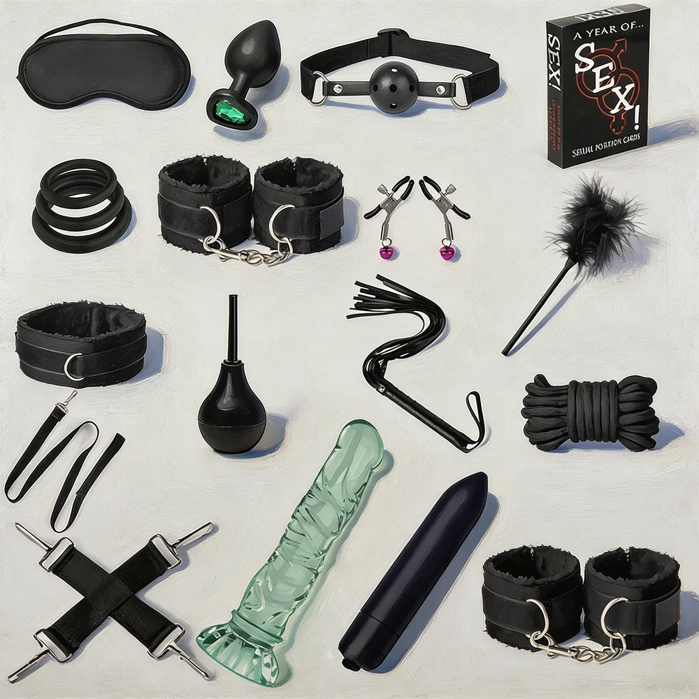 Kit Completo de Acessórios para BDSM e Jogos de Casal – 16 Peças com Algemas, Venda, Chicote e Acessórios de Silicone