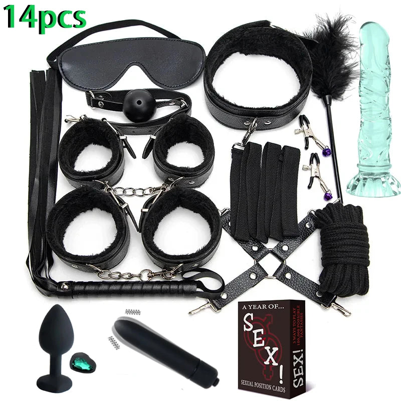 Kit Completo de Acessórios para BDSM e Jogos de Casal – 16 Peças com Algemas, Venda, Chicote e Acessórios de Silicone