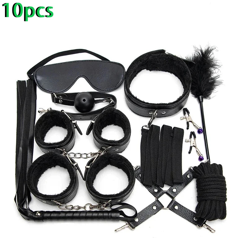 Kit Completo de Acessórios para BDSM e Jogos de Casal – 16 Peças com Algemas, Venda, Chicote e Acessórios de Silicone