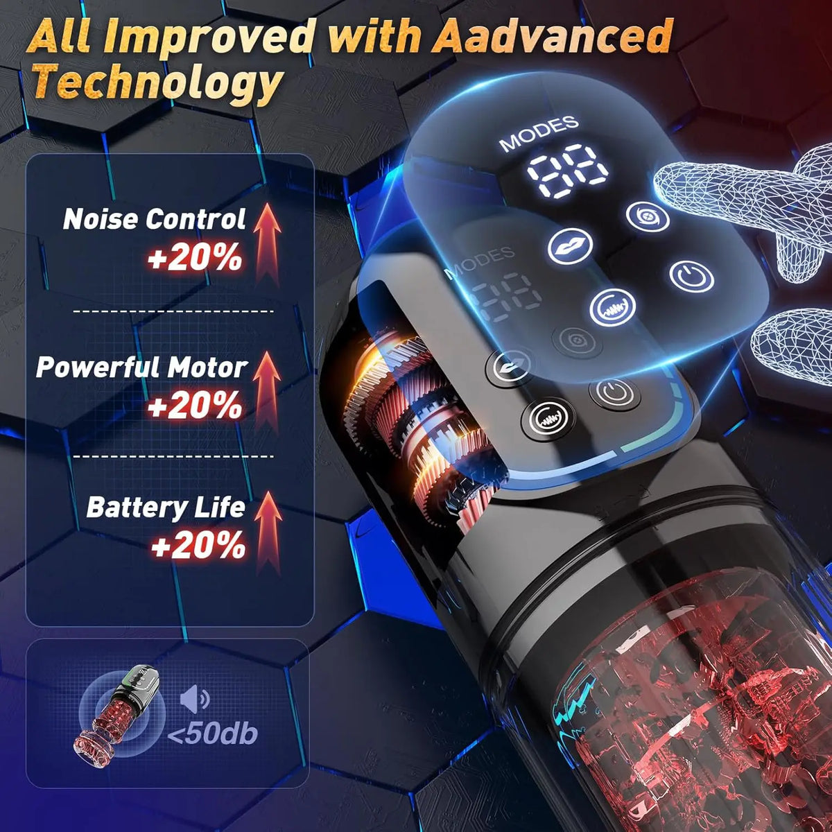 Massageador Masculino Automático Recarregável com Movimento, Vibração e Sucção Ajustáveis