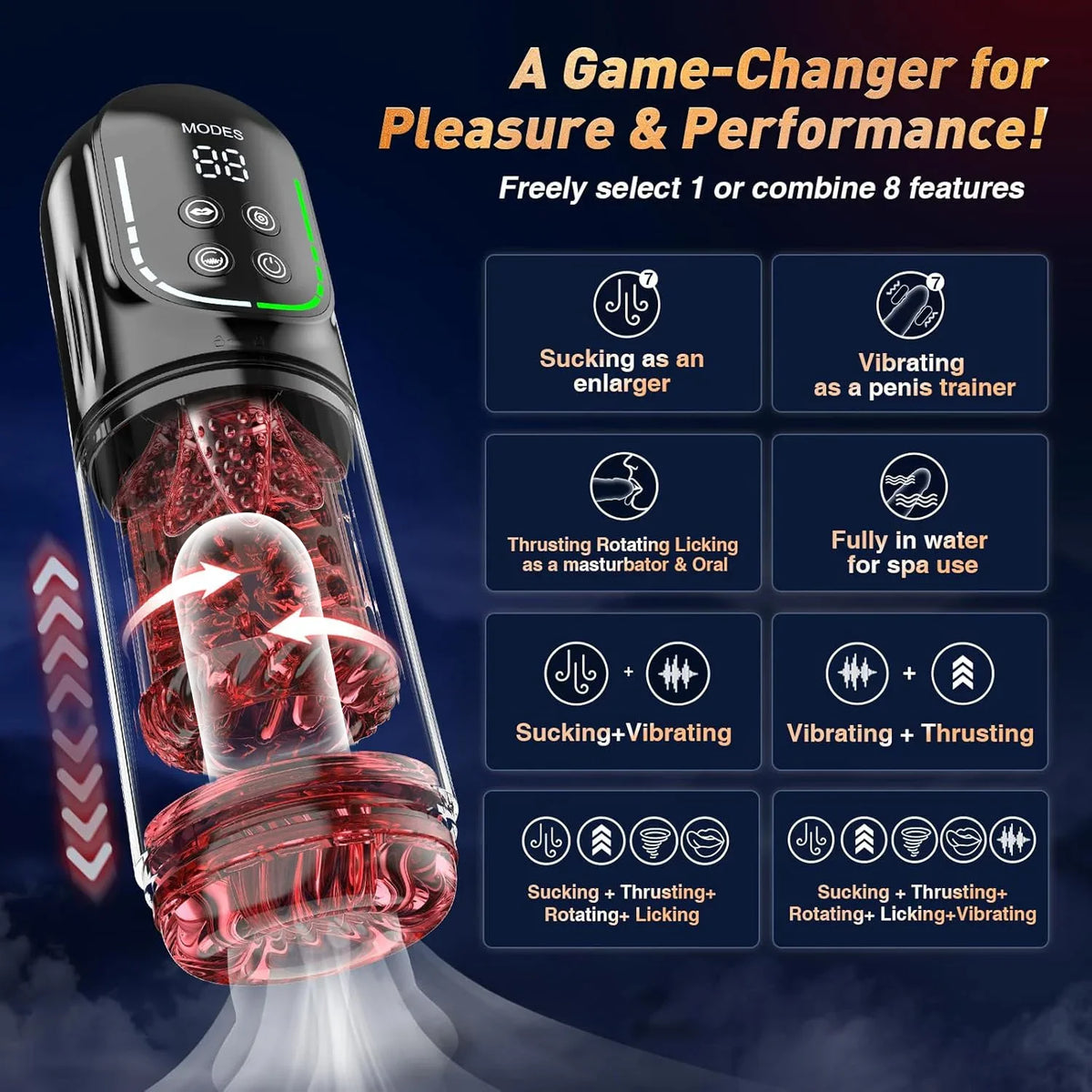 Massageador Masculino Automático Recarregável com Movimento, Vibração e Sucção Ajustáveis